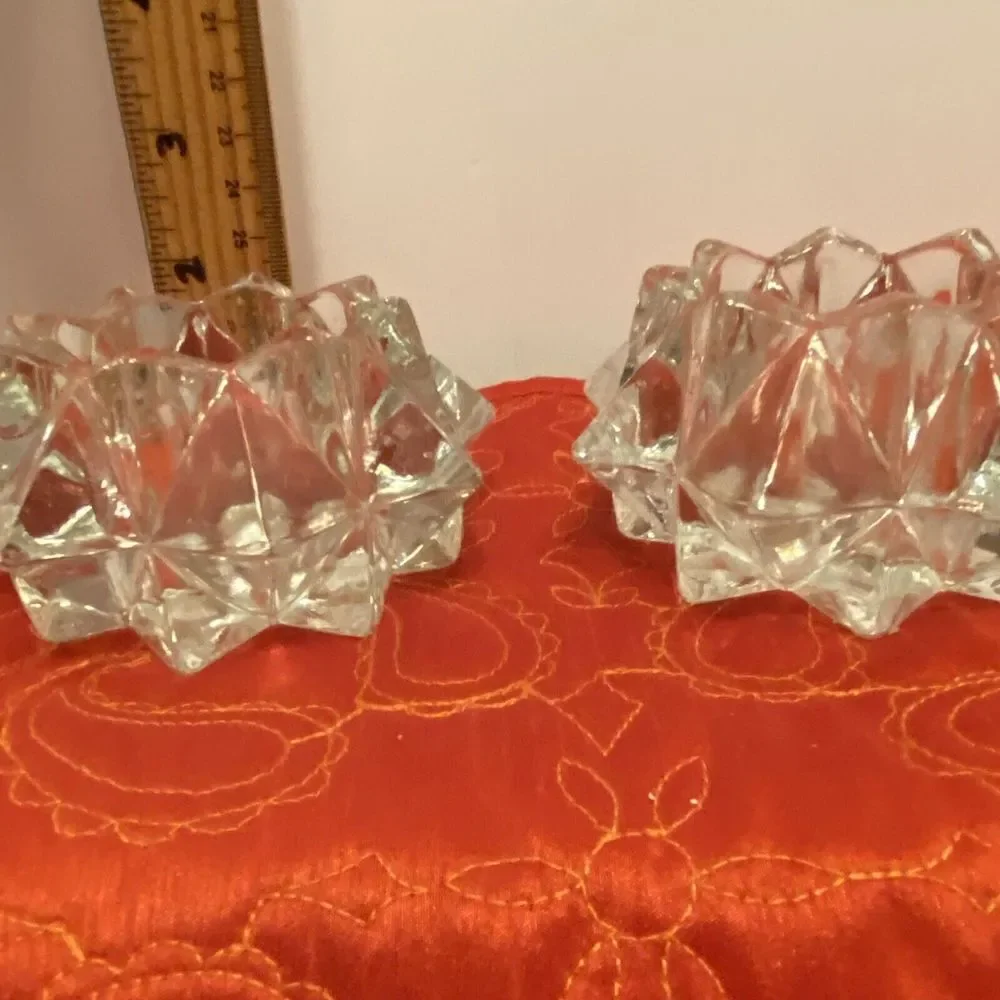 Glamorous Pair‎ Lead Crystal Starburst Votive Candle Holders Glass Clear Modern